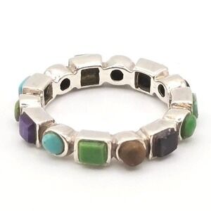 Sterling Silver Multi Gemstone Eternity Band Ring Size 7 Vintage Southwest Style